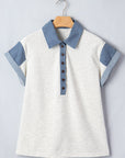 Denim Colorblock Patchwork Shirt Collar Blouse