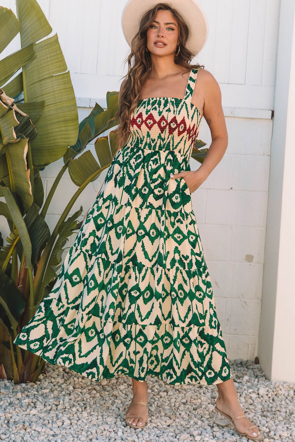 Sarahi Western Aztec Shirred A-line Sleeveless Maxi Dress