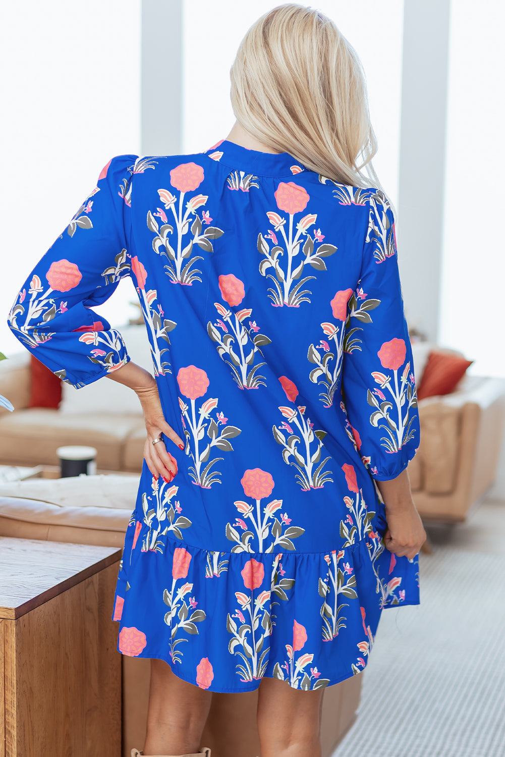 Floral 3/4 Puff Sleeve Ruffle Hem Dress