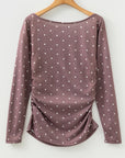 Polka Dot Boat Neck Long Sleeve Ruched T-Shirt