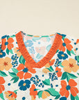 Floral Frilled V-Neck 3/4 Sleeve Blouse