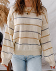 Stripe Ribbed Trim Drop Shoulder Sweater