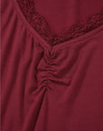 Lace Trim Ruched V-Neck Long Sleeve Top