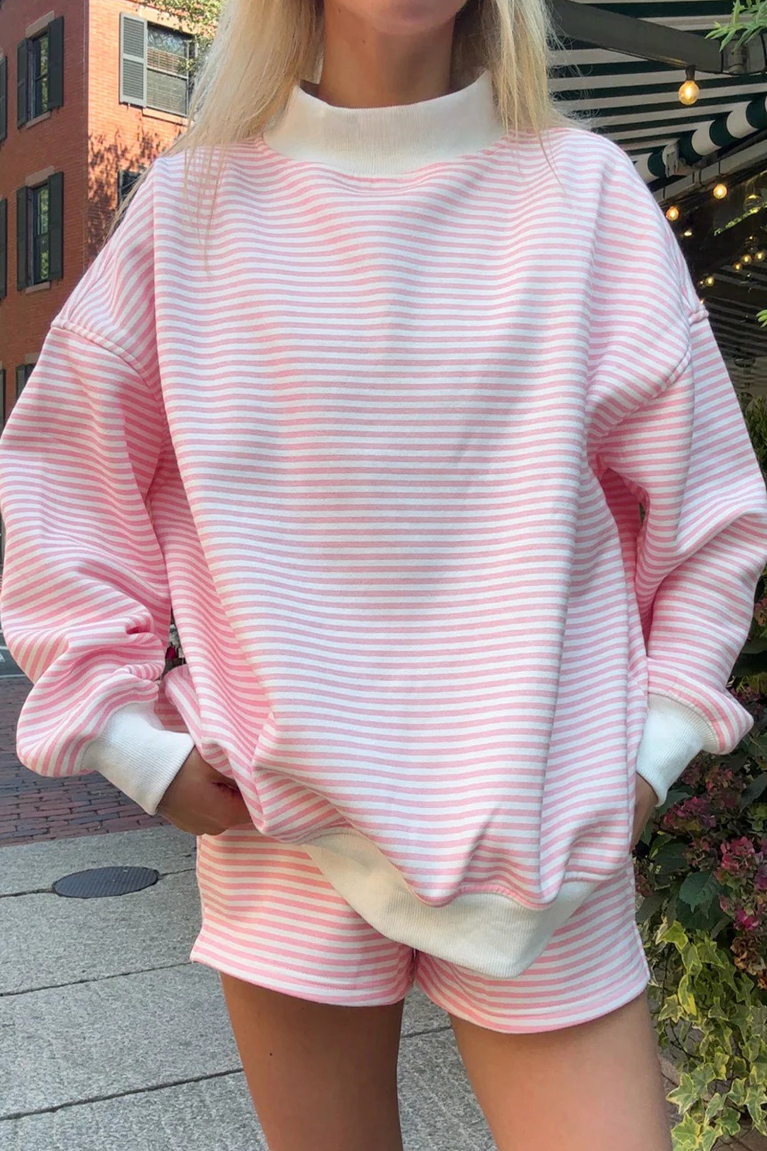 Stripe Oversize Mock Neck Sweatshirt &amp; Shorts Set