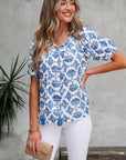 Geometric Tassel Tie V-Neck Short Sleeve Blouse