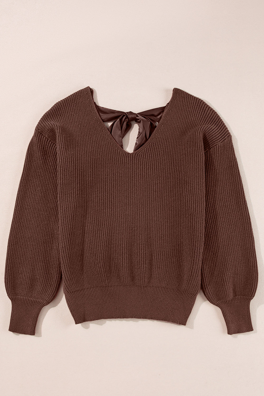 Bow Back Lantern Sleeve V-Neck Sweater