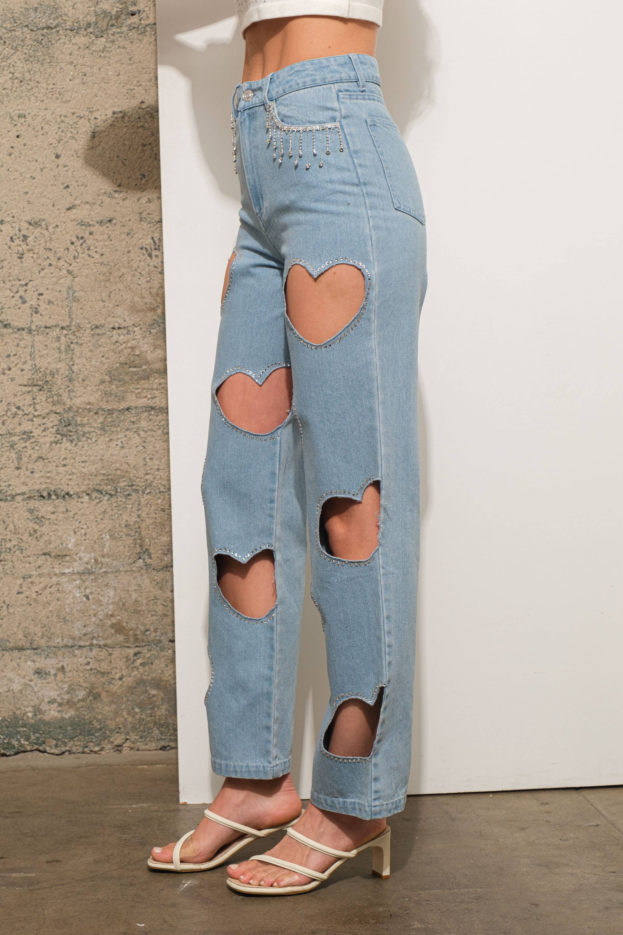 22803P -Rhinestone Fringe Denim Jeans: LIGHT WASH