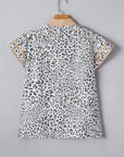 Leopard Colorblock Patchwork V-Neck Cap Sleeve Blouse