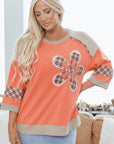 Plaid Flower Waffle Knit Patchwork 3/4 Sleeve Top