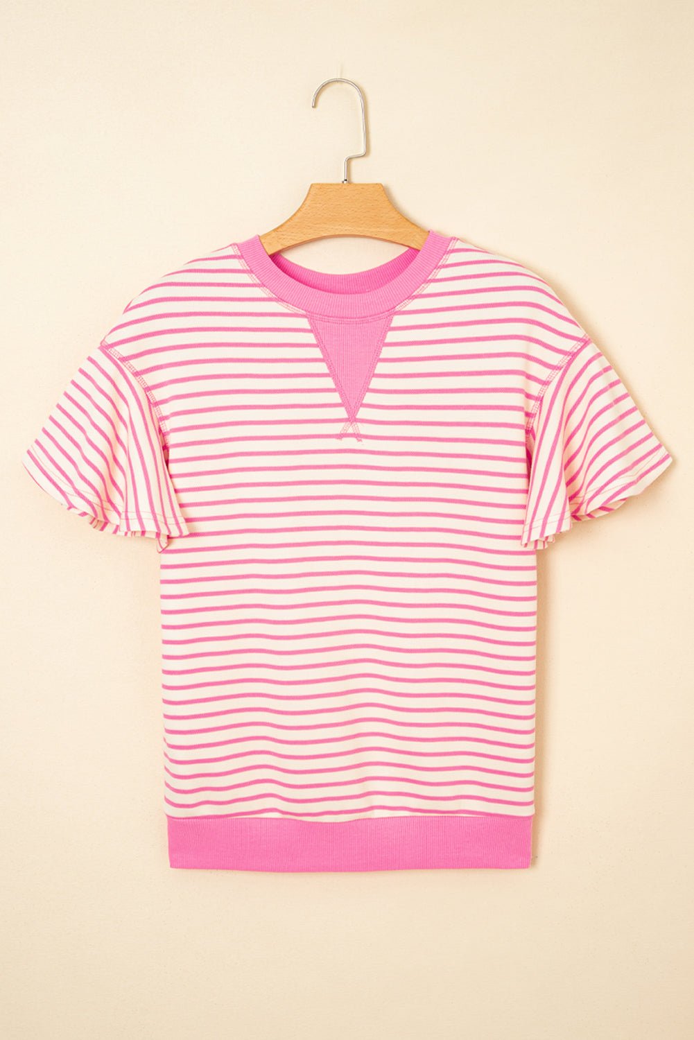 Stripe Contrast Detail Ruffle Short Sleeve Top