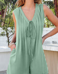 Solid Tie V-Neck Pintuck Sleeveless Romper