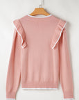 Bow Tie Ruffle Long Sleeve Ribbed Trim Sweater