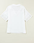 Embroidered Eyelet Crinkled Gauze Collared V-Neck Blouse