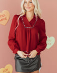 Leopard Contrast Trim V-Neck Textured Blouse