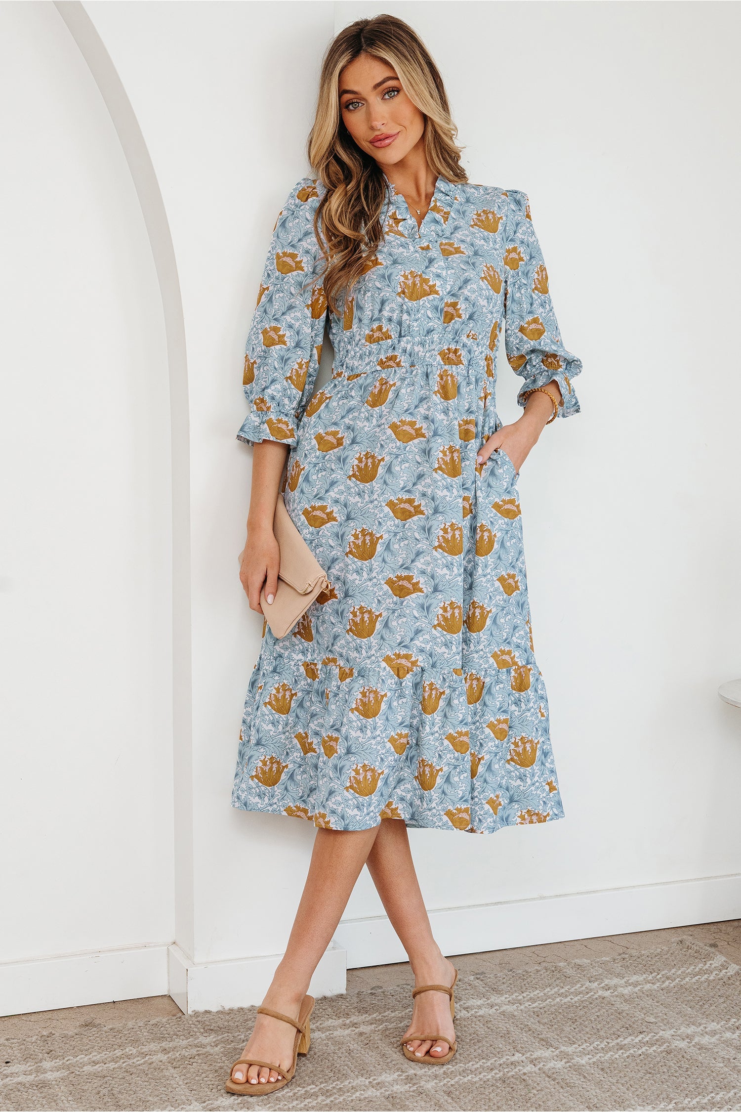 Floral Frilled V-Neck 3/4 Sleeve Midi Dress