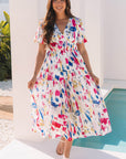 Abstract Short Puff Sleeve Tiered Maxi Dress