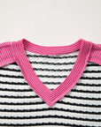 Stripe V-Neck Corded Knit Long Sleeve Top