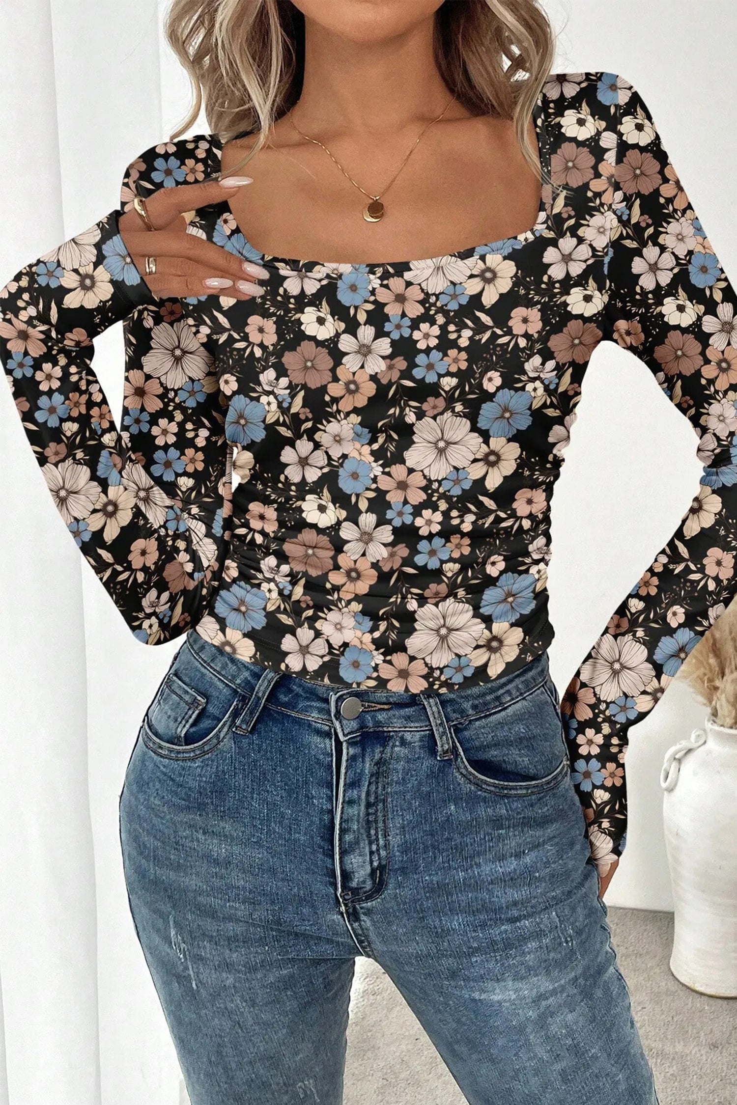 Leopard &amp; Floral Square Neck Long Sleeve T-Shirt