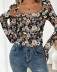 Leopard & Floral Square Neck Long Sleeve T-Shirt