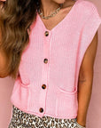 Solid Button Front V-Neck Sweater Knit Vest