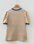 Stripe Contrast Trim Short Puff Sleeve Tee