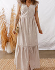 Stripe Flutter Sleeve Buttoned V-Neck Maxi Dress