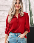 Solid Frilled Bow Tie V-Neck 3/4 Sleeve Blouse