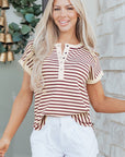 Stripe Half Buttoned Short Sleeve Top