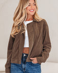 Solid Corduroy Lapel Collar Zip-Up Buttoned Jacket