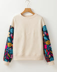 Floral Sleeve Textured Knit Drop Shoulder Top