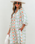 Geometric Floral 3/4 Sleeve Notched Neck Mini Dress