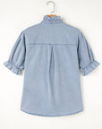 Chambray Ruffle Short Puff Sleeve Buttoned Shirt