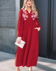 Floral Embroidered Long Sleeve Tiered Maxi Dress