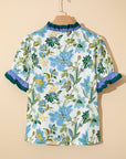 Floral Contrast Frill Stripe Trim Blouse
