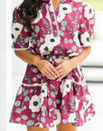 Floral Short Puff Sleeve Belted Mini Dress