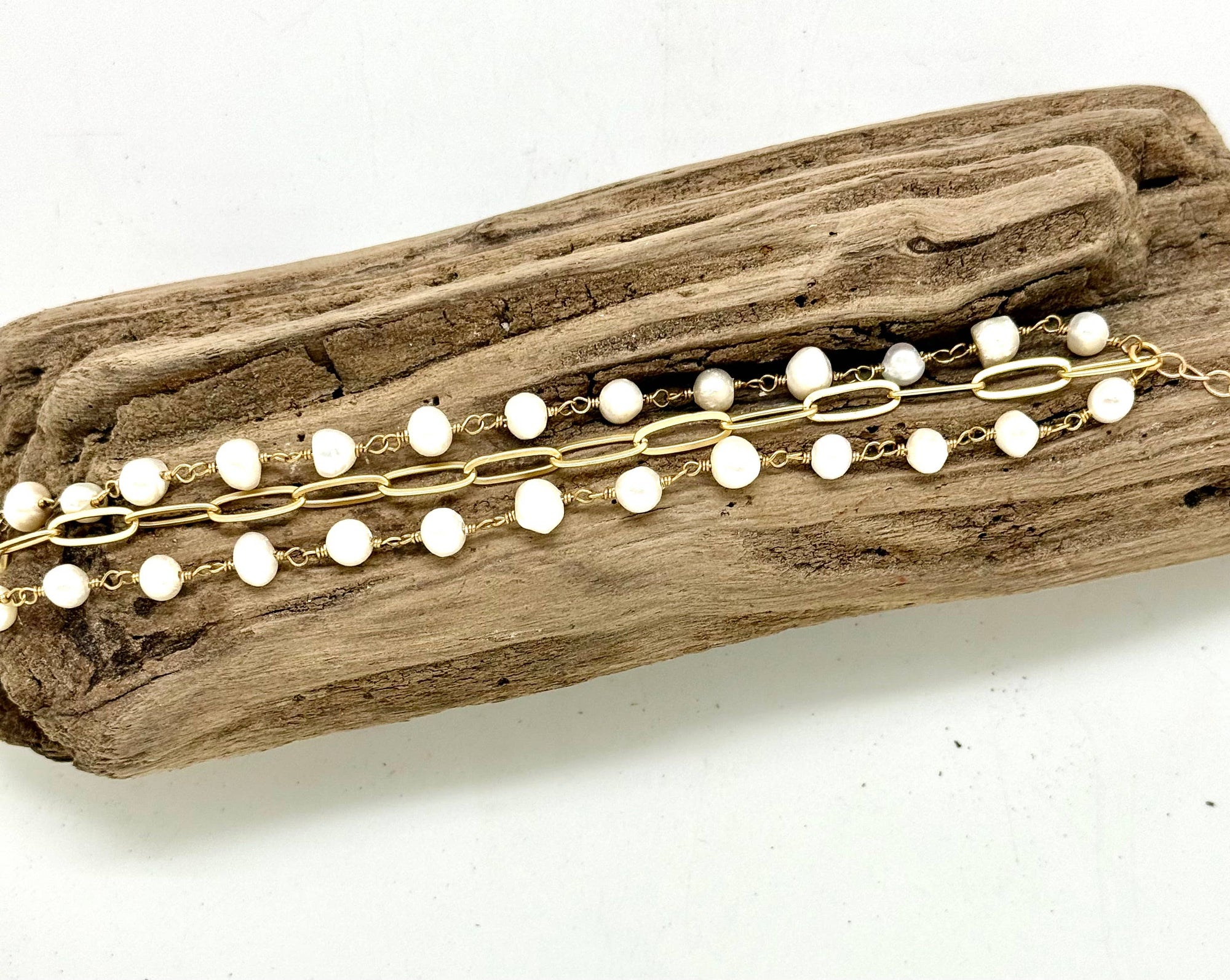 Bracelet Double Strand Freshwater Pearl w/Paper Clip Chain 7”
