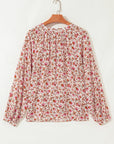 Floral Pleated Notched Neck Puff Sleeve Blouse