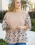 Beige Faux Two Piece Knit Patchwork Floral Print Plus Size Top