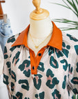 Leopard Buttoned Contrast Collar Short Sleeve Blouse