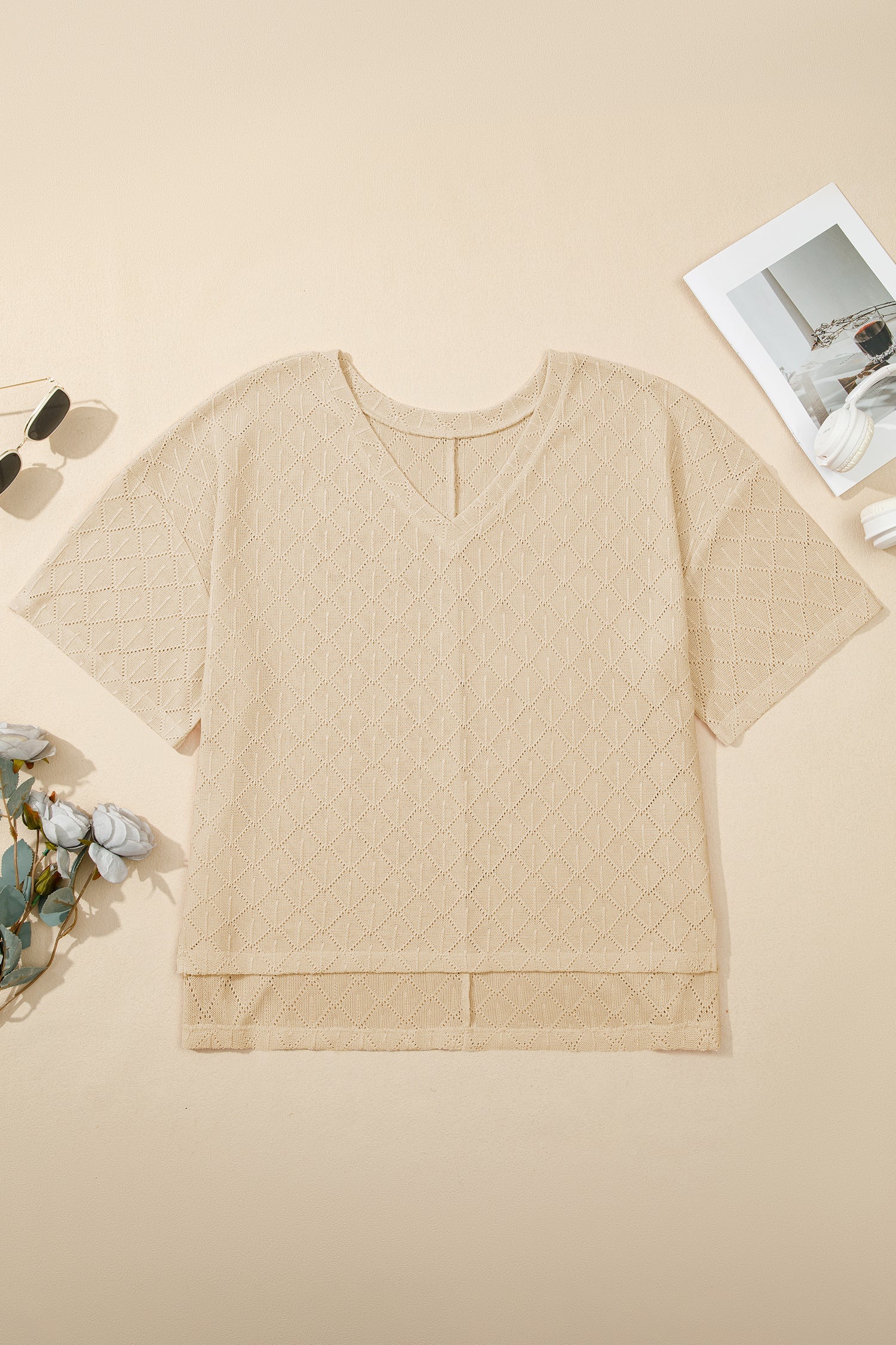 Plus Size Rhombus Pointelle Knit V-Neck Top