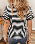 Stripe V-Neck Lace Trim Short Sleeve Tee