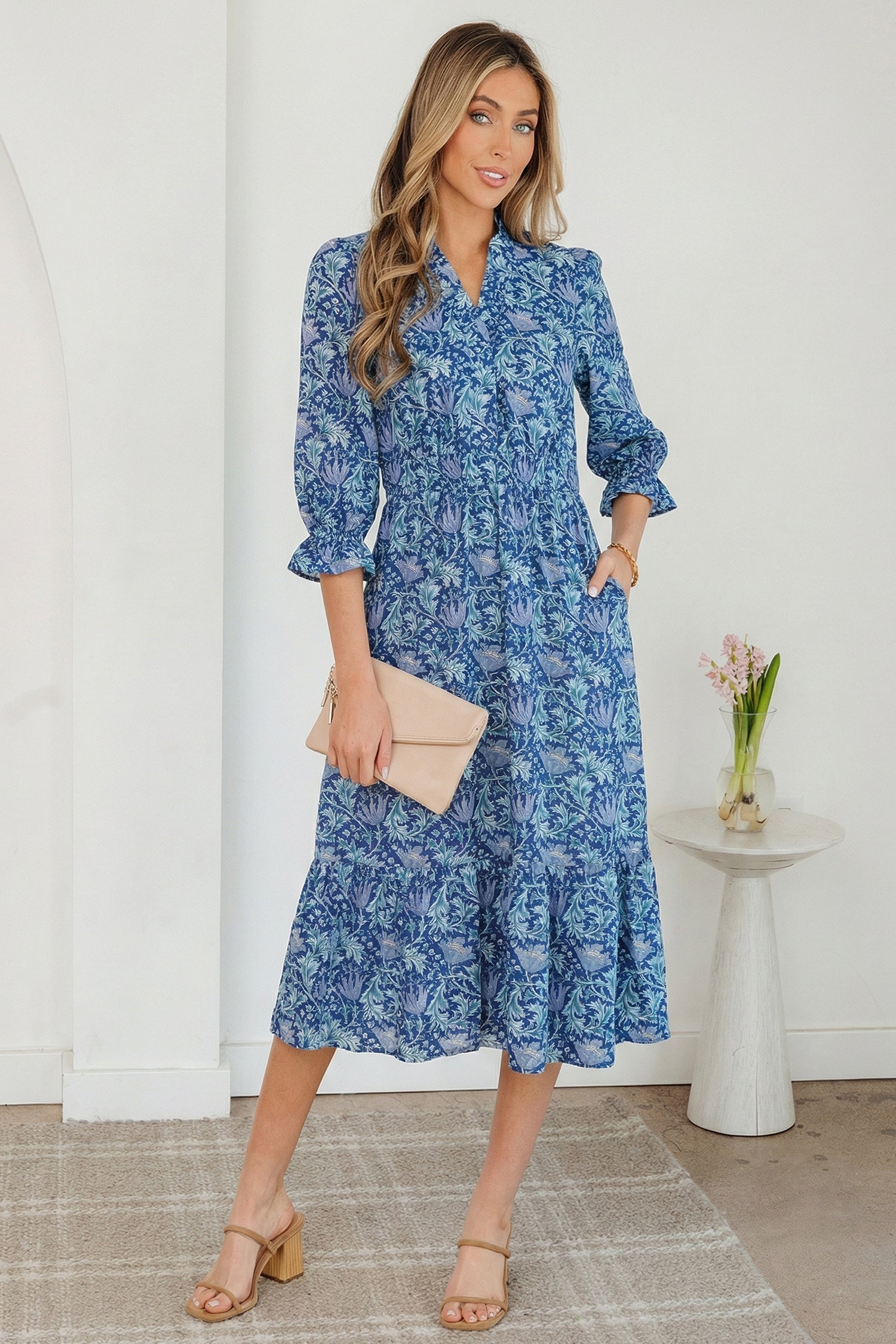 Floral Frilled V-Neck 3/4 Sleeve Midi Dress