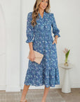 Floral Frilled V-Neck 3/4 Sleeve Midi Dress