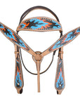 HILASON Western Horse Leather Headstall and Breast Collar Set Turquoise Flame| Headstall Bridle for Horses Western | Horse Headstall Bridle | Western Headstalls Bridle for Horses
