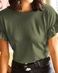 Solid Ribbed Knit Ruffle Short Sleeve T-Shirt