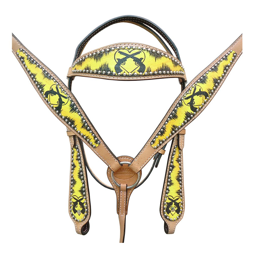 HILASON W. H. Leather Headstall &amp; Breast Collar Set Cross Gun –