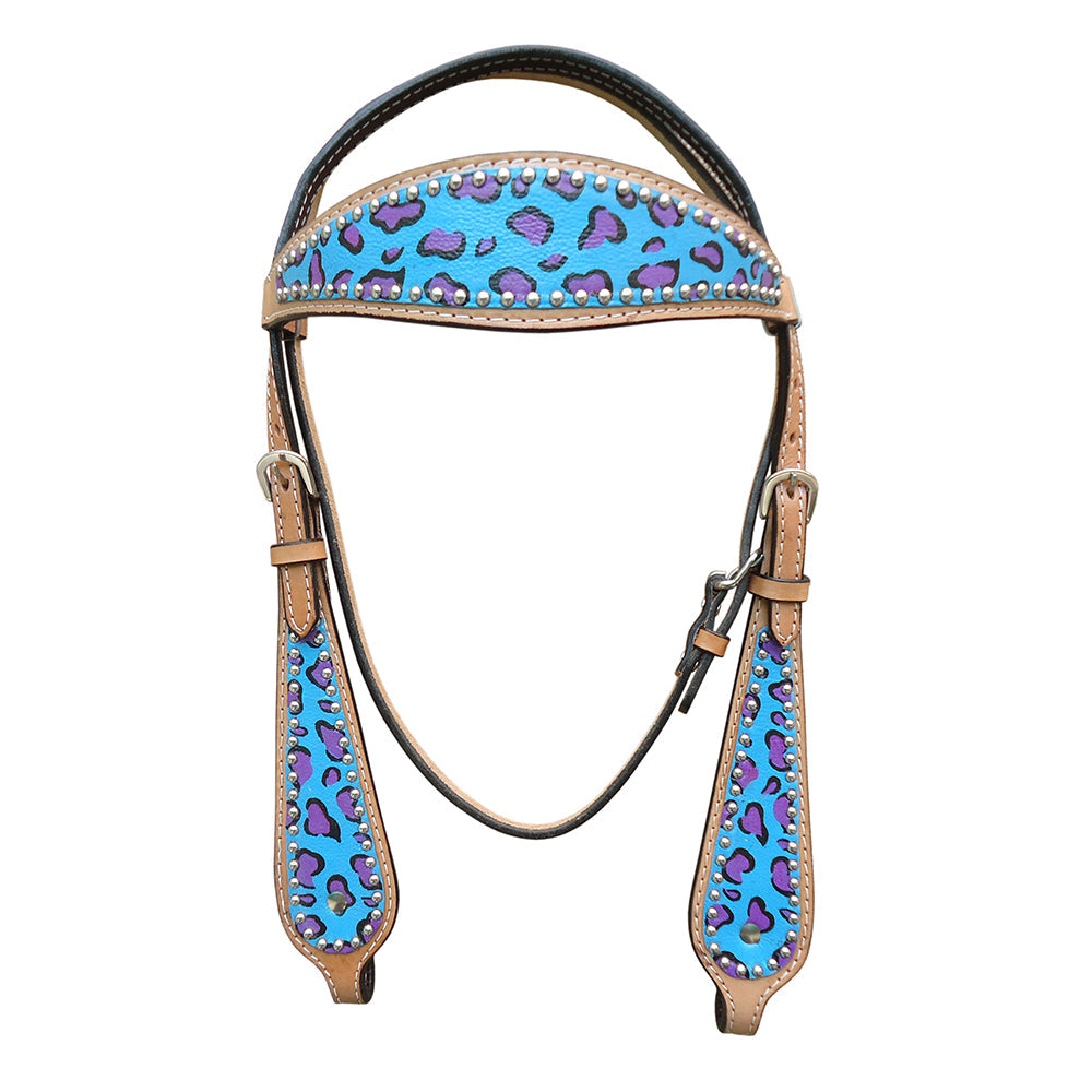 HILASON Western Horse Leather Headstall &amp; Breast Collar Set Turquoise Cheetah