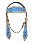 HILASON Western Horse Leather Headstall and Breast Collar Set Turquoise Cheetah| Headstall Bridle for Horses Western | Horse Headstall Bridle | Western Headstalls Bridle for Horses