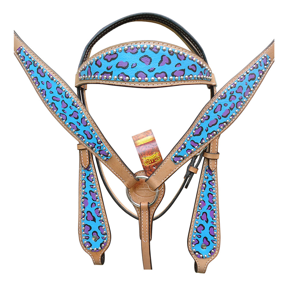 HILASON Western Horse Leather Headstall &amp; Breast Collar Set Turquoise Cheetah
