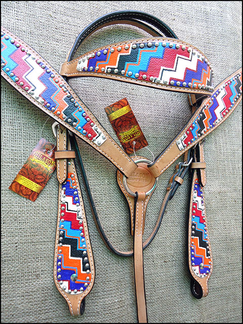 HILASON Western Horse Leather Headstall &amp; Breast Collar Set Geometry
